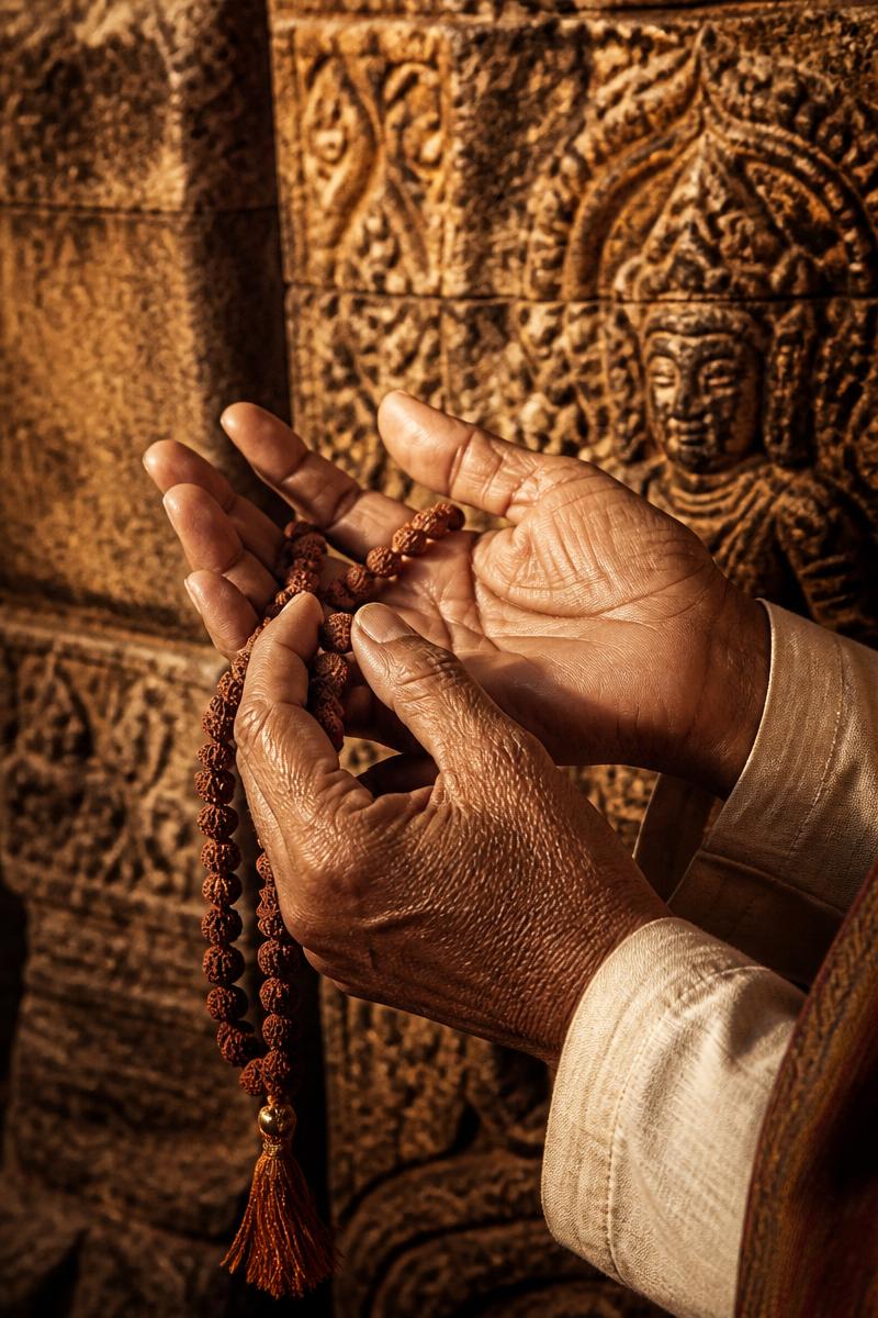 Weathered hands holding rudraksha prayer beads